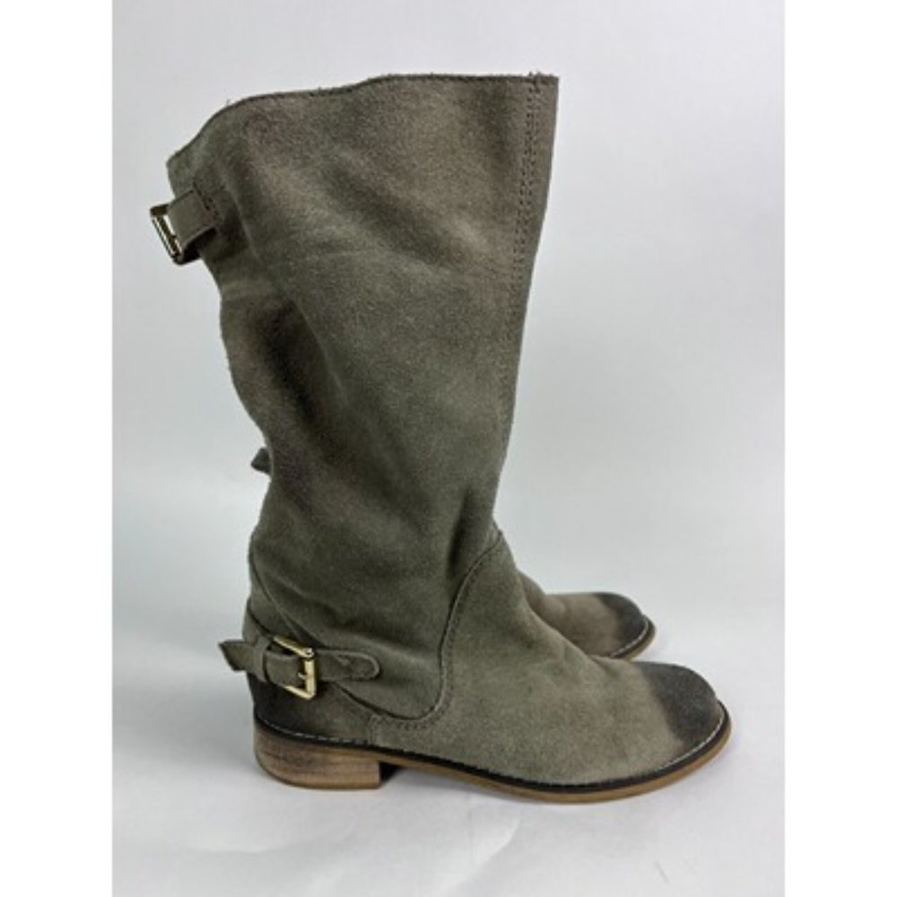 Kelsi Dagger Gray Leather Mid-Calf Round Toe Belted Riding Boots Shoe Size 8M